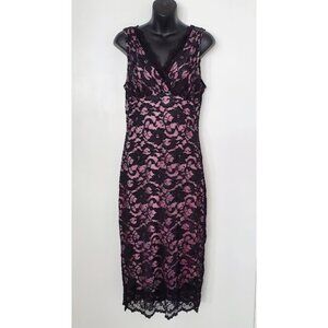 Mica Black Fitted Sheer Floral Lace Dress Sleeveless V-Neck Pink Lining Size L